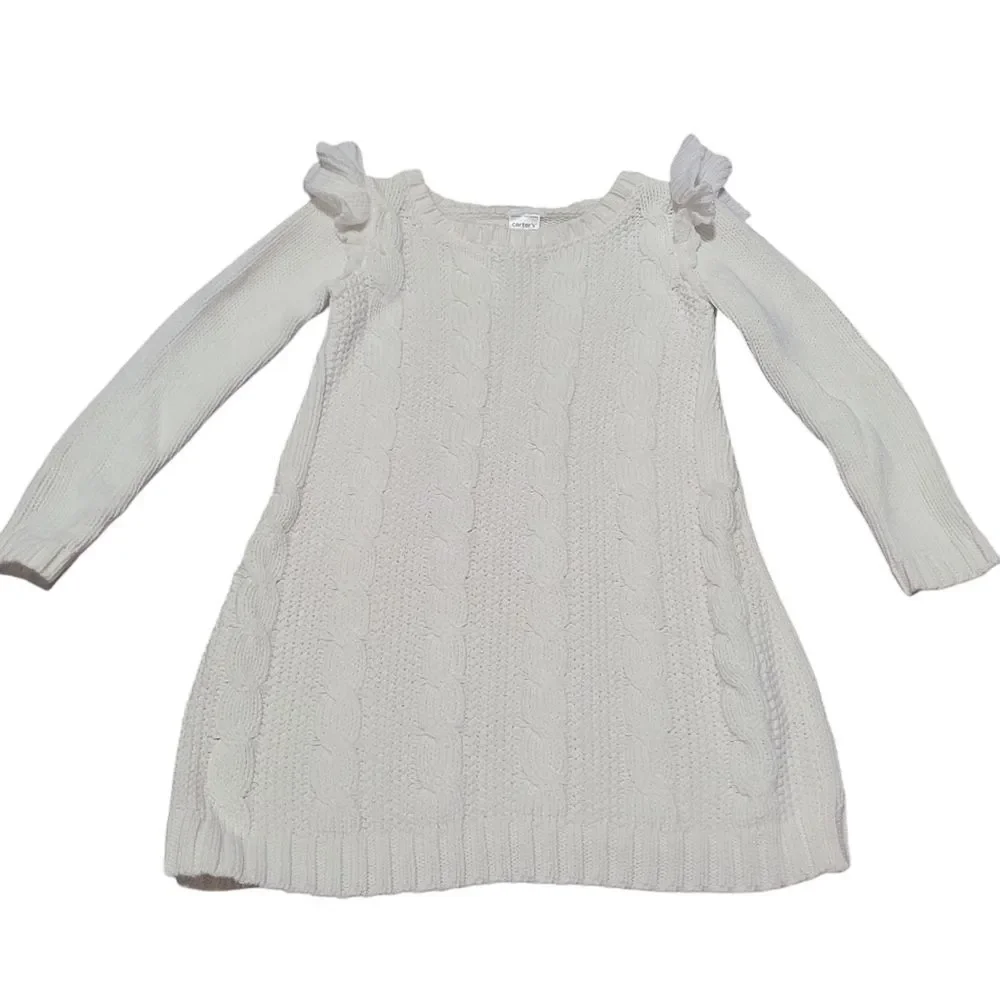 Classic cream cableknit sweater dress with ruffle on shoulder